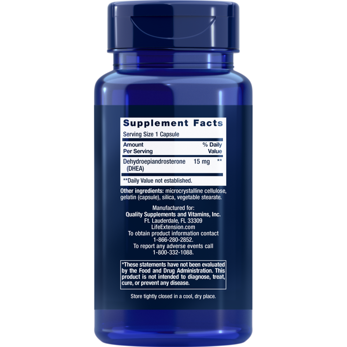 Life Extension, DHEA 15 mg 100 caps, Back