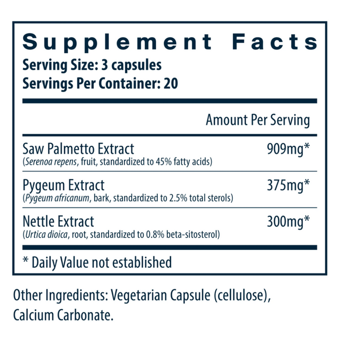 Saw Palmetto Pygeum Nettle Root 60 capsules Supplement Facts Label