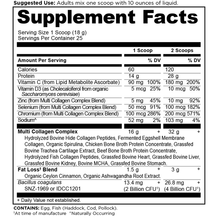 Multi Collagen Advanced Lean Cinnamon 25 servings Supplement Facts Label