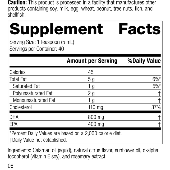 Calamari Omega-3 Liquid, 200 mL, Rev 08 Supplement Facts