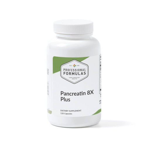 Pancreatin 8X Plus by Professional Formulas, a dietary supplement containing 120 capsules.
