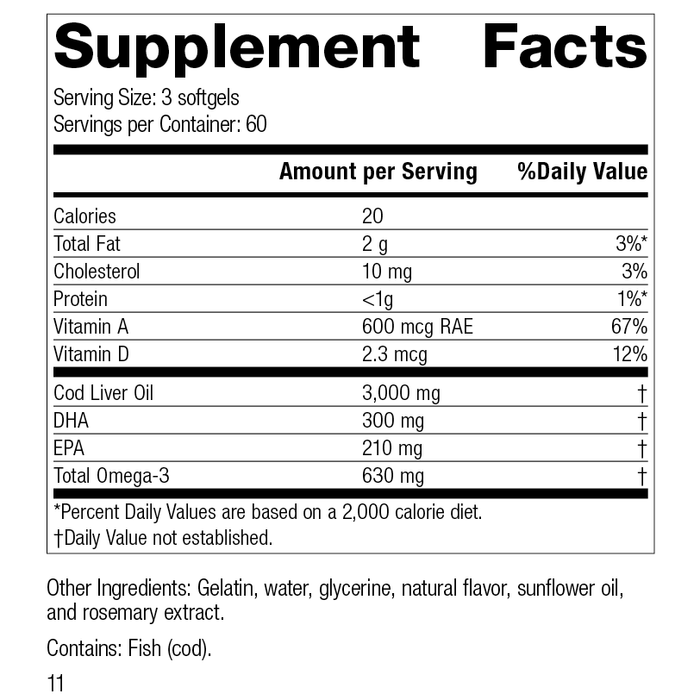 Cod Liver Oil, 180 Softgels, Rev 11 Supplement Facts