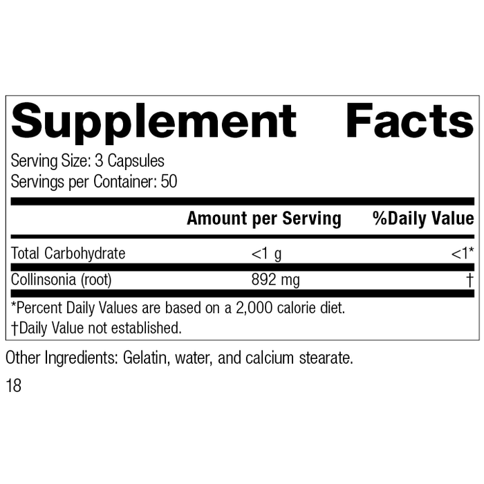 Collinsonia Root, 150 Capsules, Rev 18 Supplement Facts