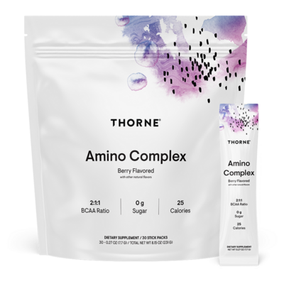 A package of Thorne Amino Complex, Berry Flavored, with a 2:1 BCAA ratio, 0g sugar, and 25 calories, in a white zip-top bag with purple and black design elements.