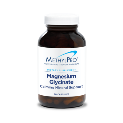 Bottle of MethylPro Magnesium Glycinate supplement on a white background
