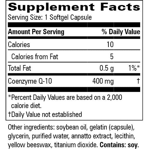 Supplement Facts label for CoQ10 400 mg 30 gels by Progressive Labs