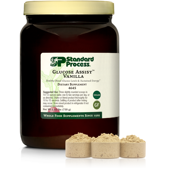 Glucose Assist Vanilla jug next to three scoops of powder