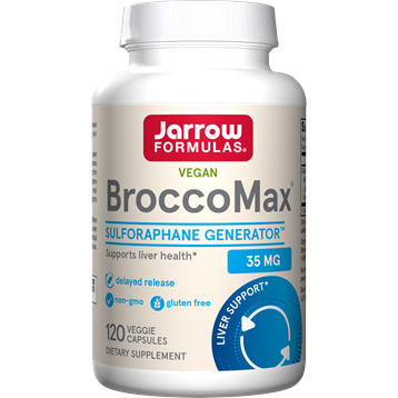 Bottle of Jarrow Formulas BroccoMax supplement on a white background
