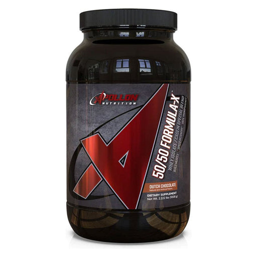 A plastic jar of Apollon Nutrition's 50/50 Formula X Protein powder in Dutch Chocolate flavor.