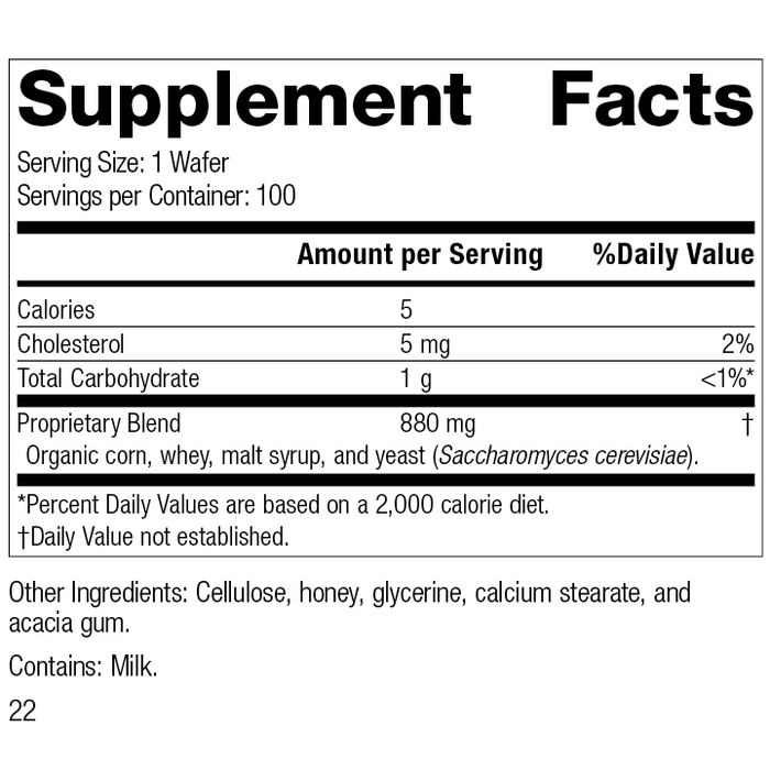 Lactic Acid Yeast™, 100 Wafers, Rev 22 Label Image.