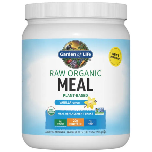 A container of Garden of Life's RAW Organic Meal in vanilla flavor, labeled as a plant-based meal replacement shake 14 servings.