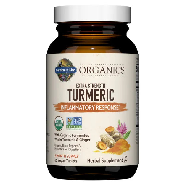 Supplement bottle labeled 'Organics Extra Strength Turmeric' by Garden of Life on a white background