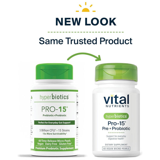 Vital Nutrients, Hyperbiotics Pro-15® Pre + Probiotic 60 pearls new look, same trusted product