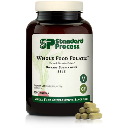 An image of a bottle of Whole Food Folate, next to 6 tablets. 