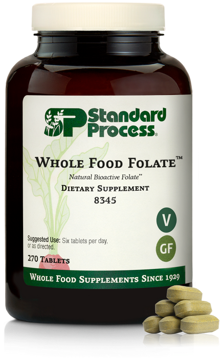 An image of a bottle of Whole Food Folate, next to 6 tablets. 
