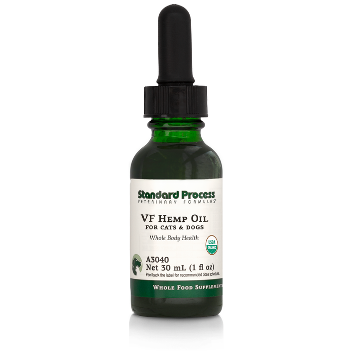 Image of a bottle of liquid VF Hemp Oil from Standard Process Veterinary Formulas next to a dropper that is included with the bottle.