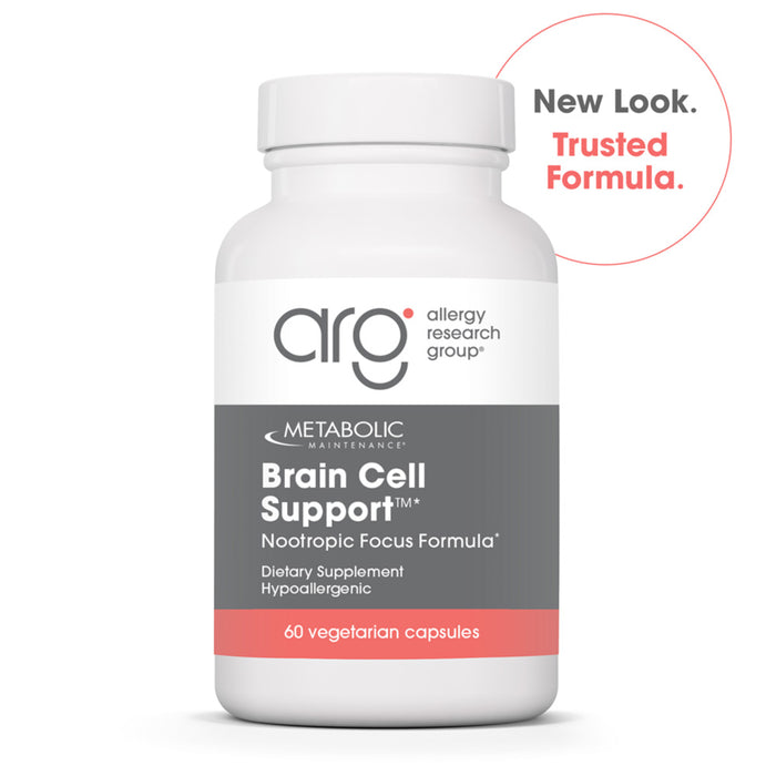 Supplement bottle labeled Metabolic Maintenance 'Brain Cell Support' by Allergy Research Group on a white background