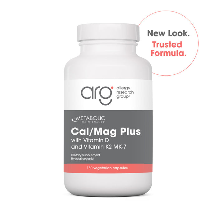 Supplement bottle labeled ' Metabolic Maintenance Cal/Mag Plus with Vitamin D and Vitamin K2 MK-7' by Allergy Research Group on a white background.