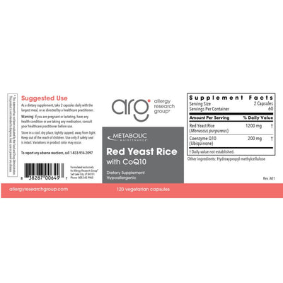 Supplement label for Metabolic Red Yeast Rice with CoQ10 from Allergy Research Group
