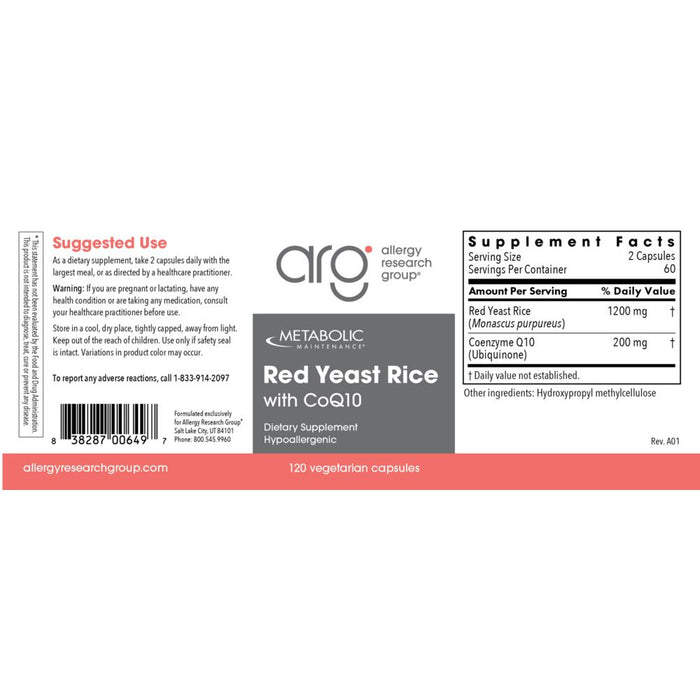 Supplement label for Metabolic Red Yeast Rice with CoQ10 from Allergy Research Group