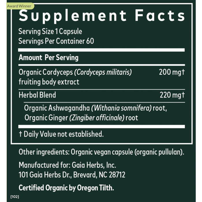 Adaptogen Performance Mushrooms & Herbs 60 Capsules by Gaia Herbs supplement facts label 