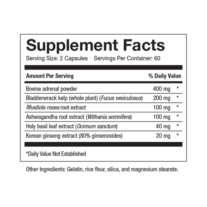 Adrenal Complete 120 Capsules by Inwell Biosciences supplement facts label 