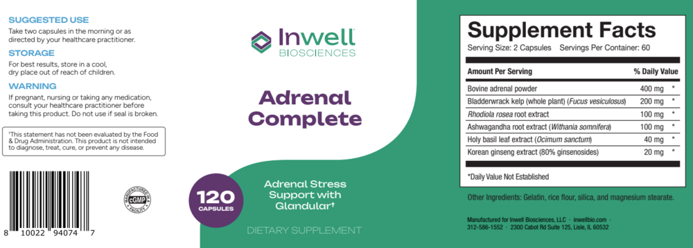 Adrenal Complete 120 Capsules by Inwell Biosciences supplement facts label and recommendations label