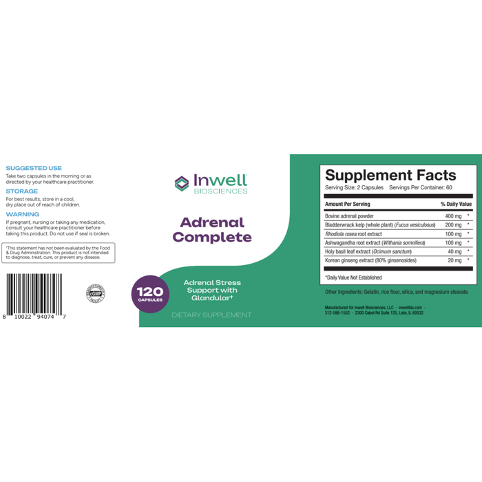 Adrenal Complete 120 Capsules by Inwell Biosciences supplement facts label and recommendations label