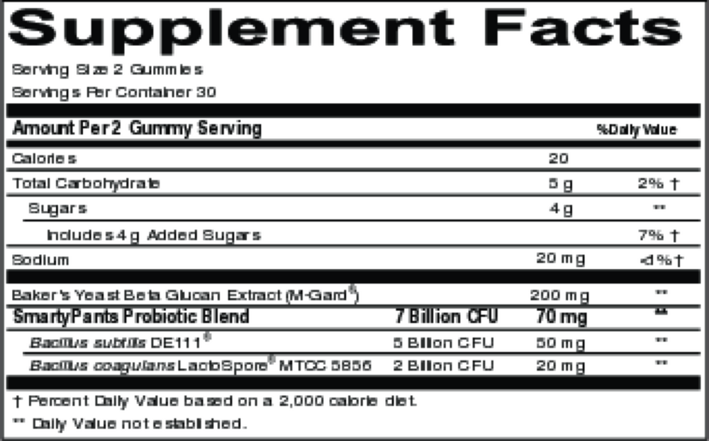 Adult Prebiotic & Probiotic Immunity Formula 60 Gummies by SmartyPants Vitamins Supplement Facts