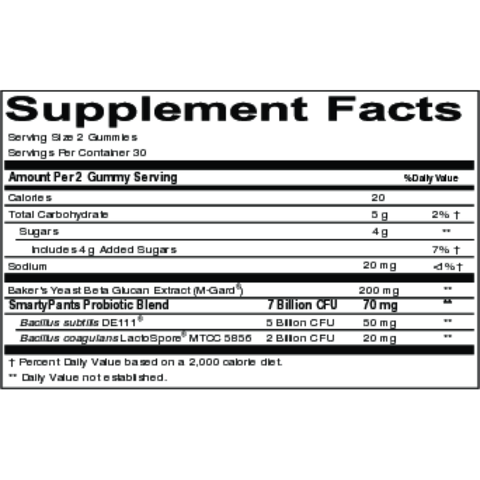 Adult Prebiotic & Probiotic Immunity Formula 60 Gummies by SmartyPants Vitamins Supplement Facts