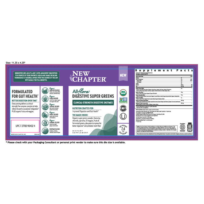 All Flora Digestive Super Greens Powder 30 Servings by New Chapter information label