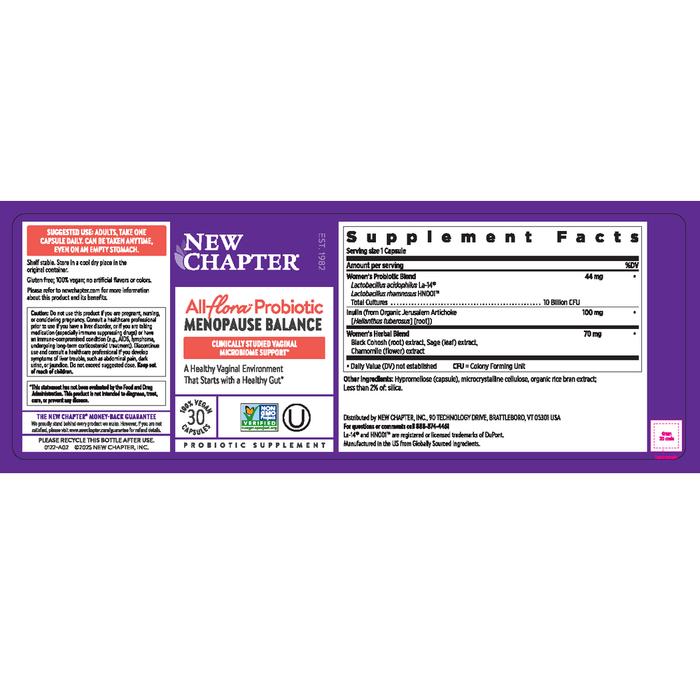 All Flora Probiotic Menopause Balance 30 Capsules by New Chapter Information label
