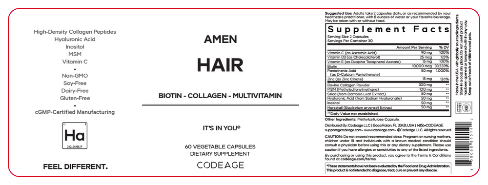 Amen Hair 60 Capsules by CodeAge information label
