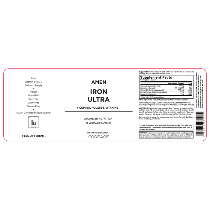 Amen Iron Ultra 60 Capsules by CodeAge information label
