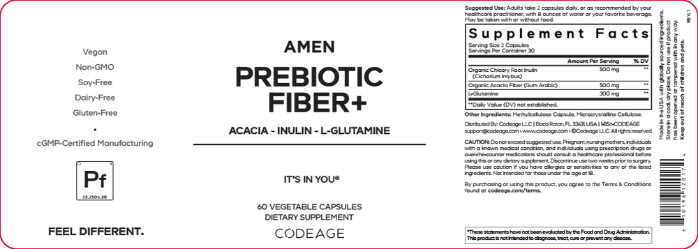 Amen Prebiotic Fiber+ 60 Capsules by CodeAge information label
