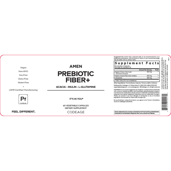 Amen Prebiotic Fiber+ 60 Capsules by CodeAge information label
