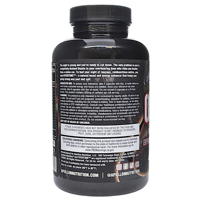Apollon Nutrition's Overtime Nootropic Stim Energy 160 Capsules suggested use