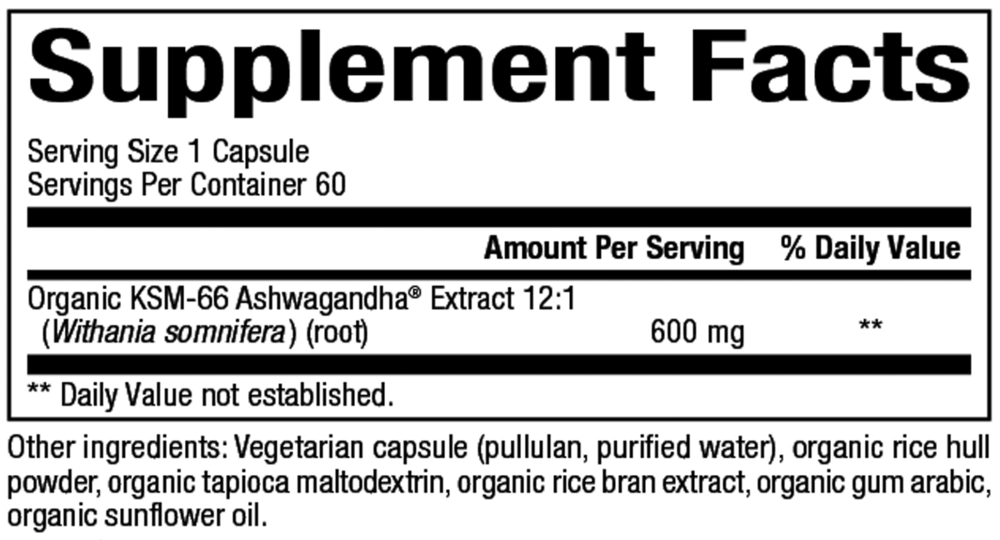 Bioclinic Naturals' Ashwagandha 60 capsules supplement facts label