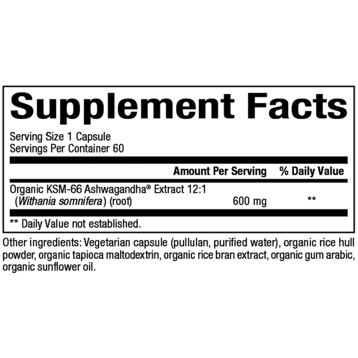 Bioclinic Naturals' Ashwagandha 60 capsules supplement facts label
