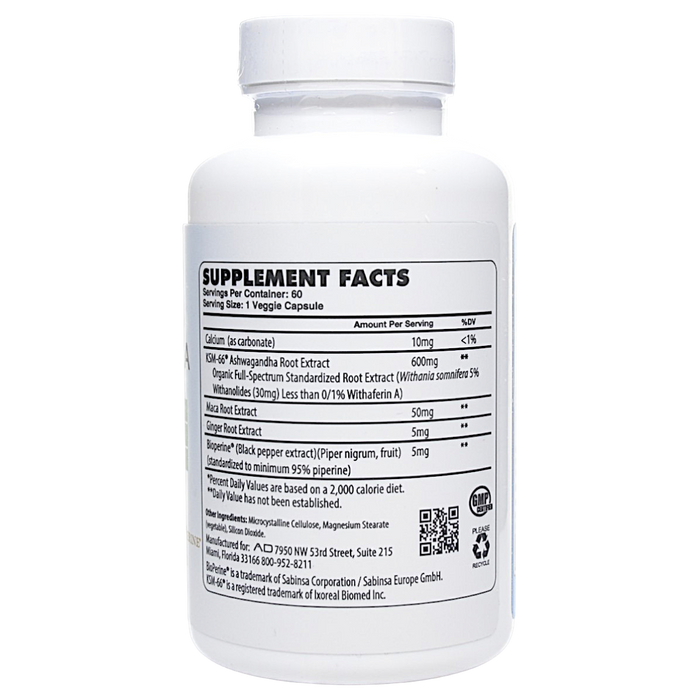 Project AD's Ashwagandha 60 capsules supplement facts label