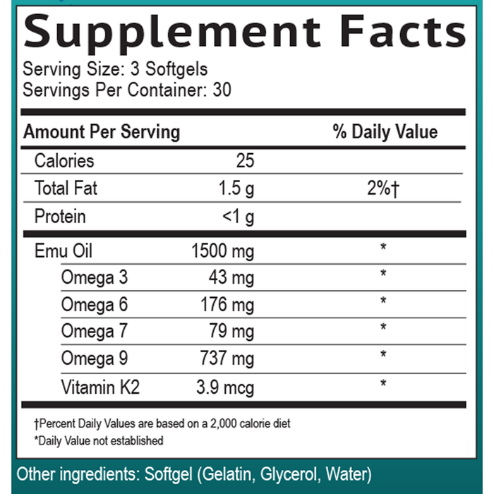 Smidge Australian Emu Oil supplement facts label, 90 softgels
