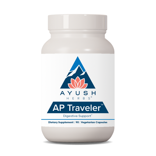 Ayush Herbs AP Traveler dietary supplement bottle on a white background