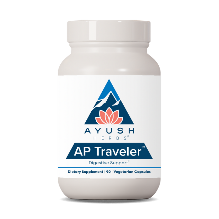 Ayush Herbs AP Traveler dietary supplement bottle on a white background