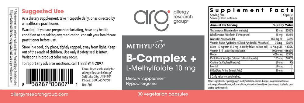 B-Complex + 10 mg L-Methylfolate 30 Capsules by MethylPro Label