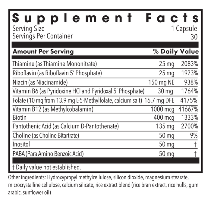 B-Complex + 10 mg L-Methylfolate 30 Capsules by MethylPro Supplement Facts Label