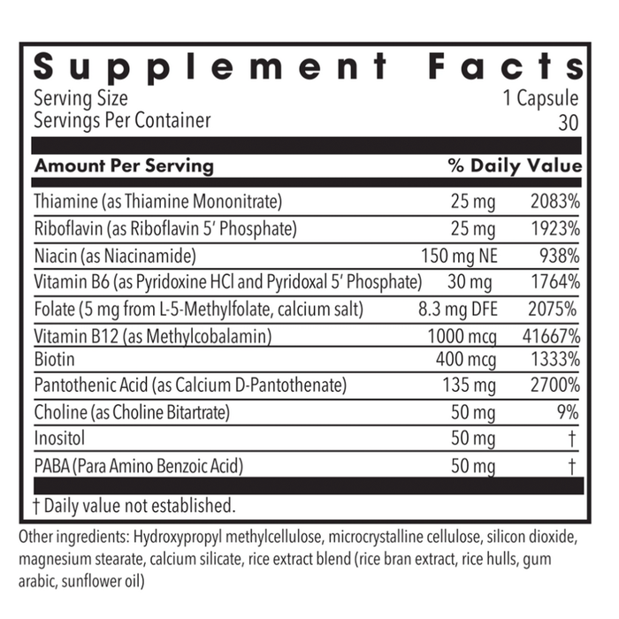 B-Complex + 5 mg L-Methylfolate by MethylPro 30 capsules bottle Supplement Facts Label