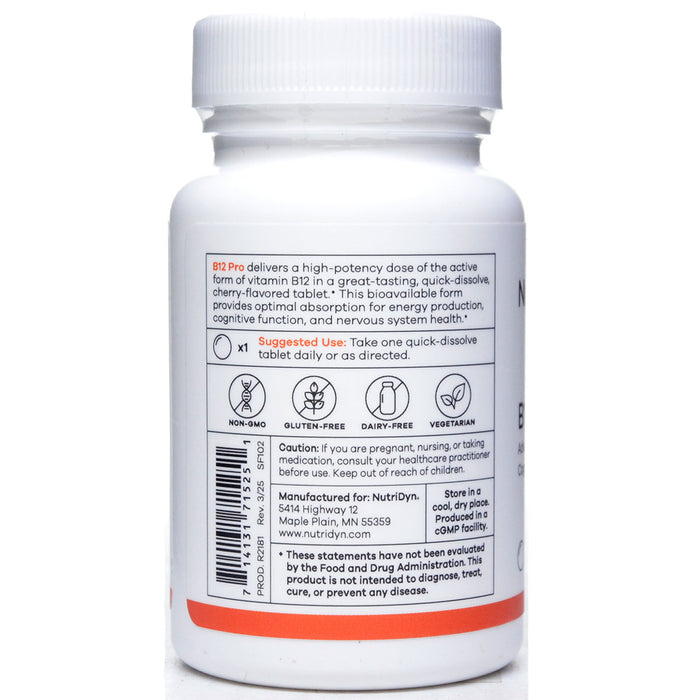 Bottle of NutriDyn B12 Pro supplement with label on a white background