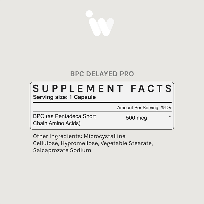 BPC 157 Delayed Pro infiniwell white back ingredient label with black lettering 