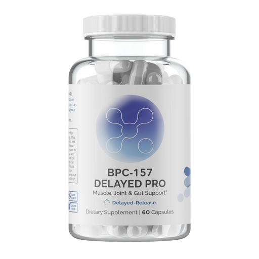 BPC-157-delayed pro infiniwell clear bottle with white and blue label with white cap