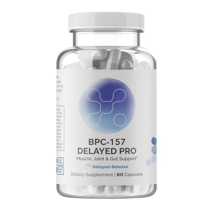 BPC-157-delayed pro infiniwell clear bottle with white and blue label with white cap
